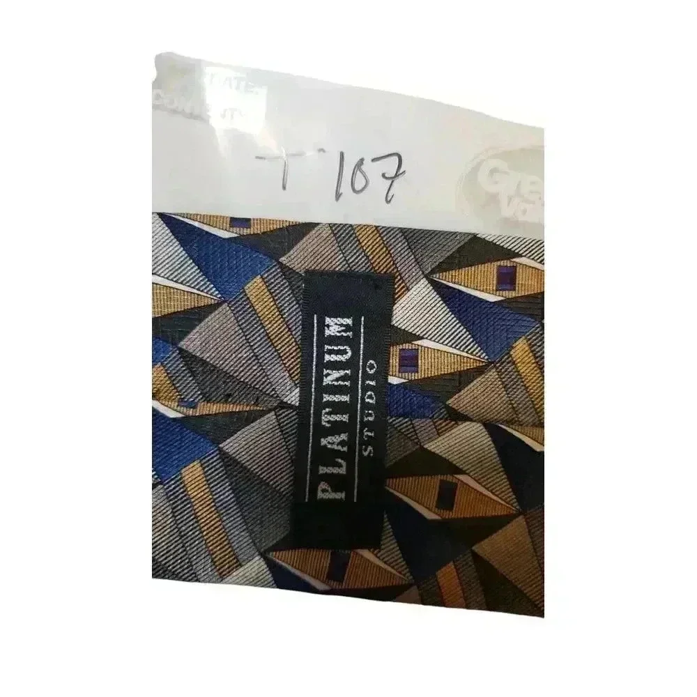 Platinum Designs Tan Blue‎ Geometric 100% Silk Classic Men's Tie Business Church